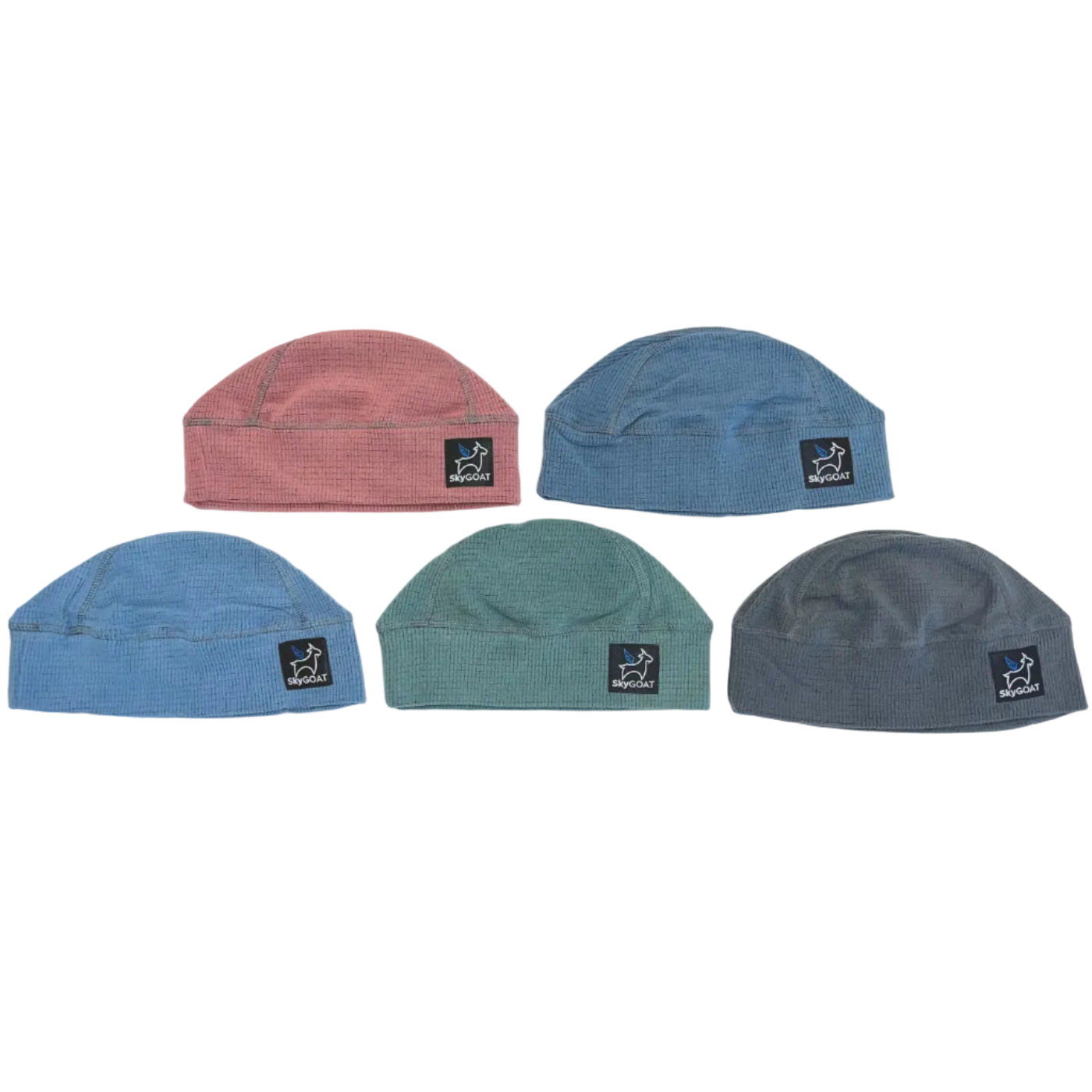 Five beanies in different colors arranged on a white background