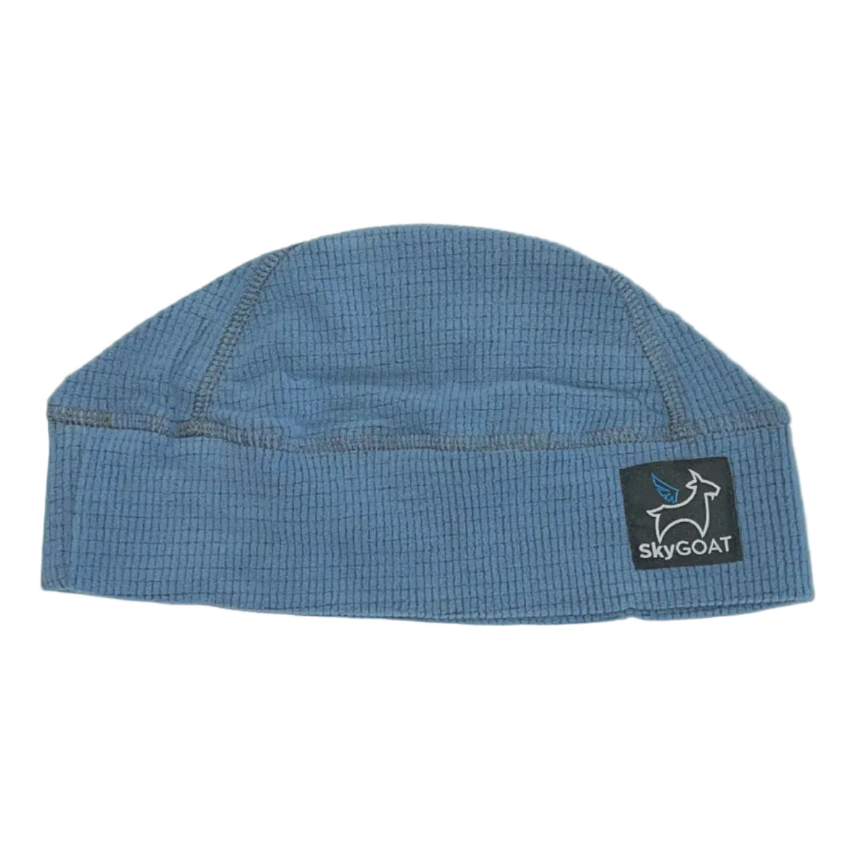 Blue beanie with a logo on a white background