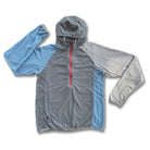 Men's gray and blue microgrid fleece hooded pullover with a half zipper and kangaroo pocket.