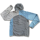 Back of men's gray and blue microgrid fleece hooded pullover with a half zipper and kangaroo pocket.