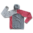 Back of men's gray and red microgrid fleece hooded pullover with a half zipper and kangaroo pocket.