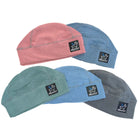 Five beanies in different colors with a brand logo on a white background