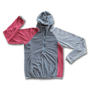 Men's gray and red microgrid fleece hooded pullover with a half zipper and kangaroo pocket.